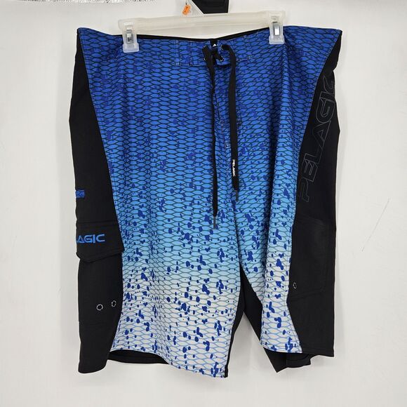 Pelagic Swim Boardshorts Men 38 Blue Fish Camo Offshore Fishing Trunks Surf - Picture 1 of 8